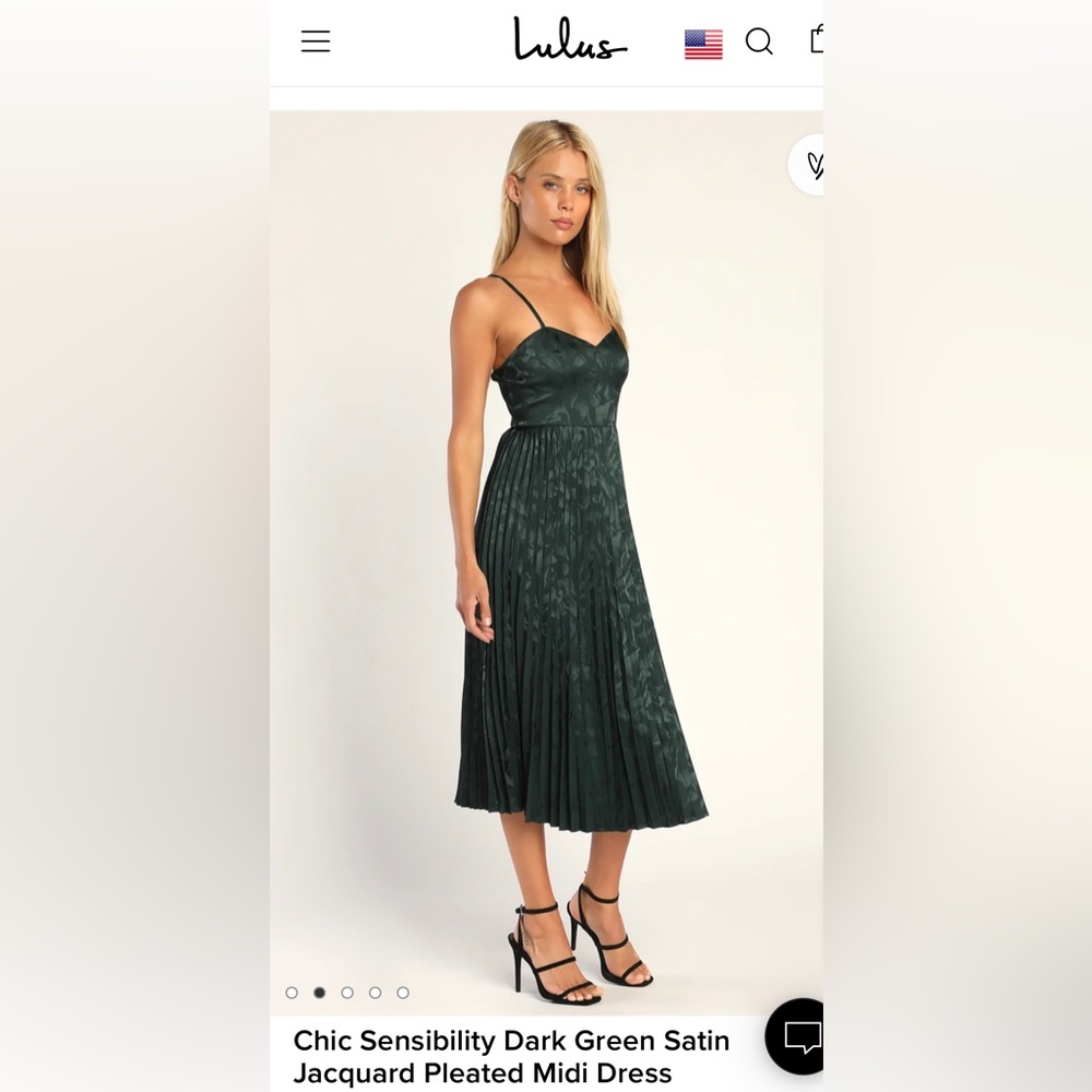 Dark Green Satin Jacquard Pleated Midi Dress